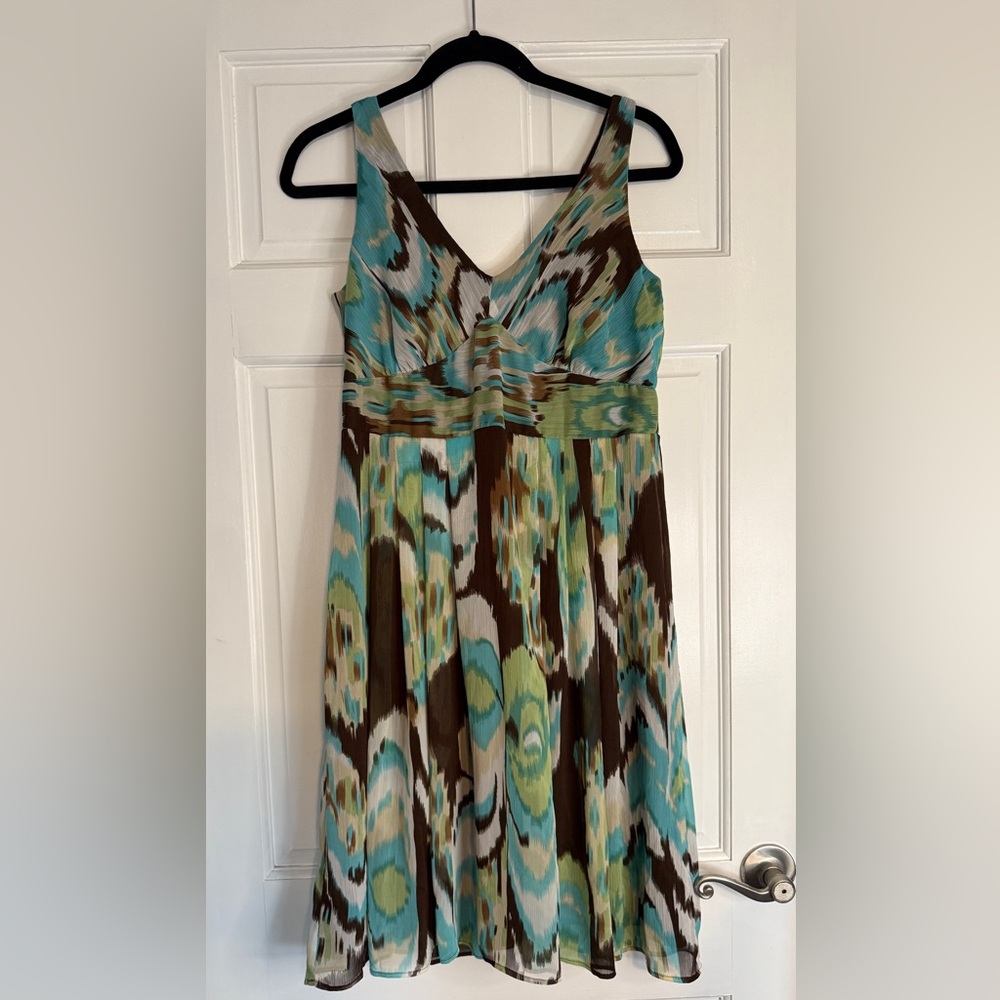 R&M Richards Strapless Multicolor Print Dress in Teal, Brown & Green